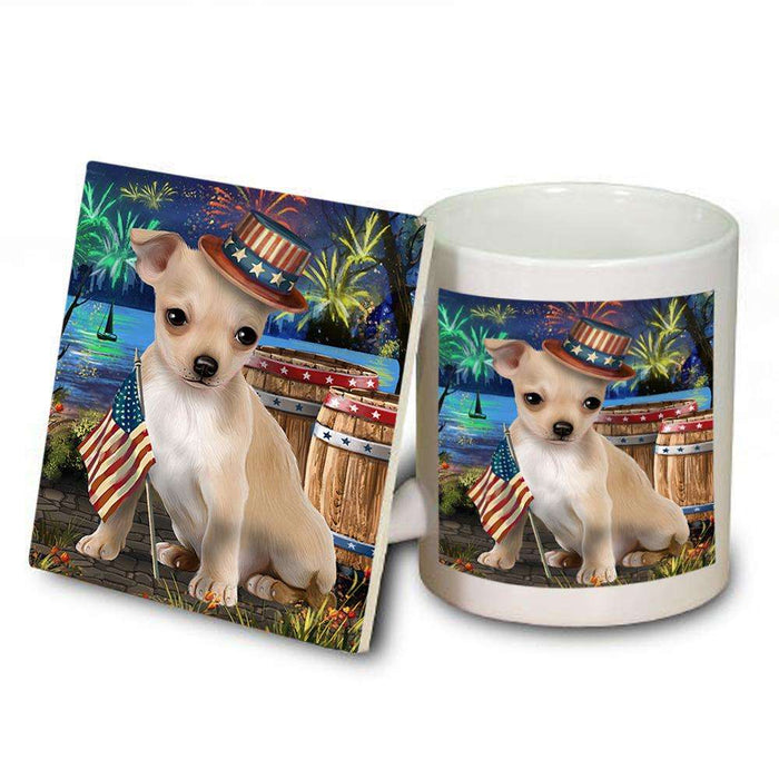 4th of July Independence Day Fireworks Chihuahua Dog at the Lake Mug and Coaster Set MUC51114