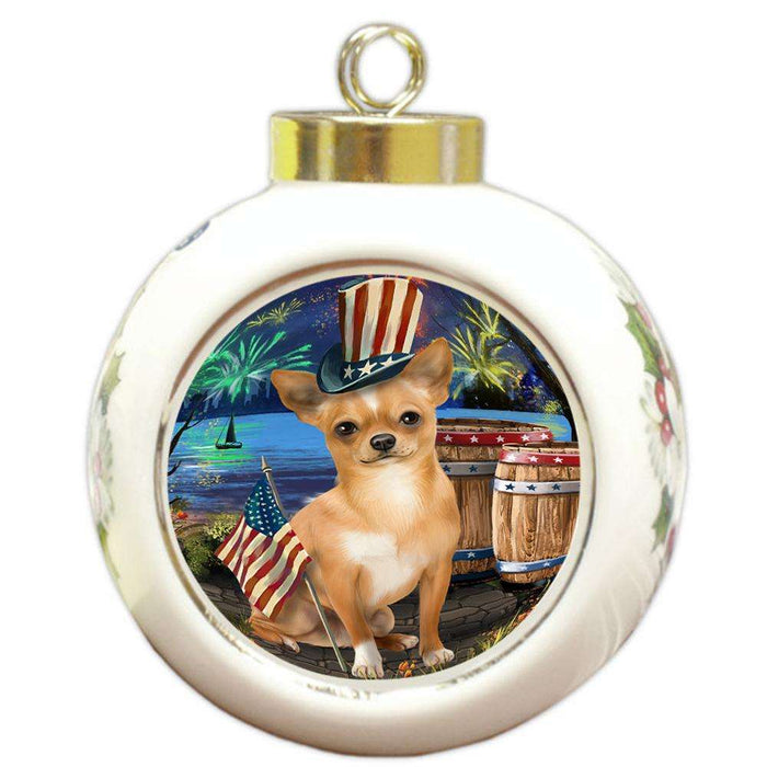 4th of July Independence Day Fireworks Chihuahua Dog at the Lake Round Ball Christmas Ornament RBPOR51118