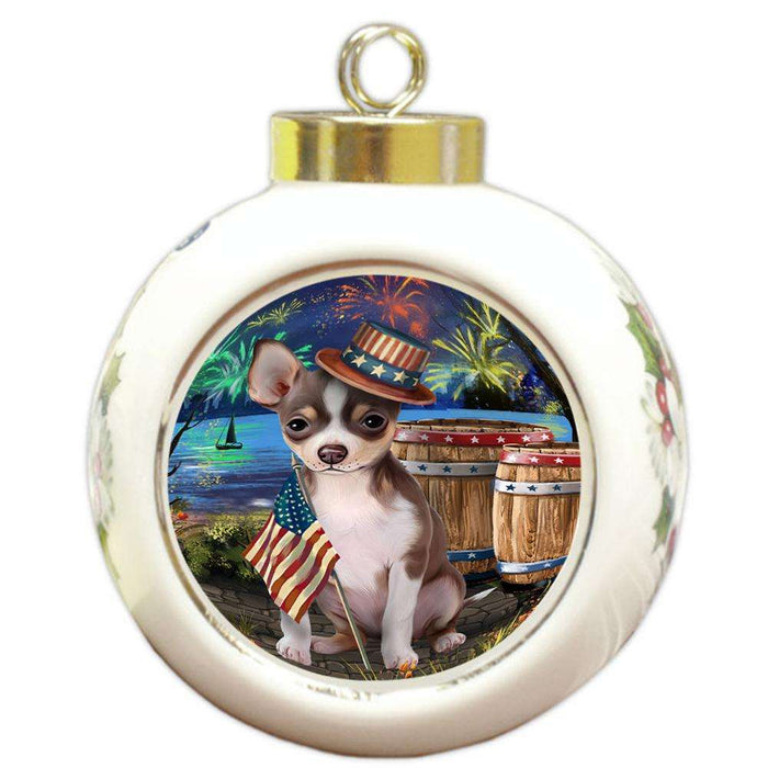 4th of July Independence Day Fireworks Chihuahua Dog at the Lake Round Ball Christmas Ornament RBPOR51119