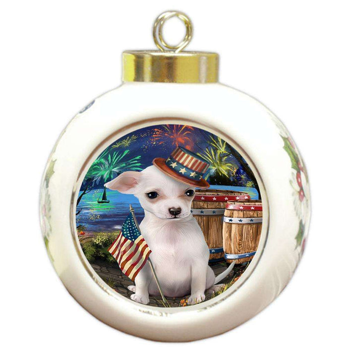 4th of July Independence Day Fireworks Chihuahua Dog at the Lake Round Ball Christmas Ornament RBPOR51120
