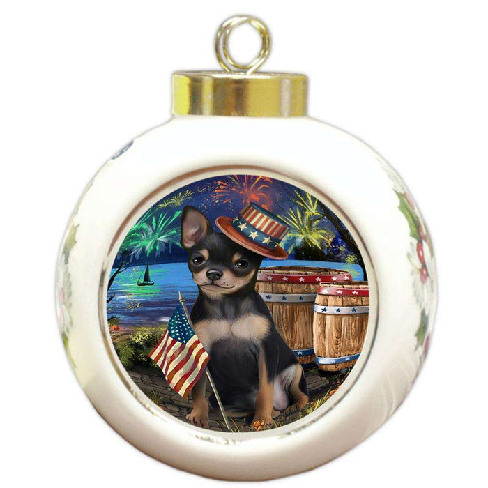 4th of July Independence Day Fireworks Chihuahua Dog at the Lake Round Ball Christmas Ornament RBPOR51121