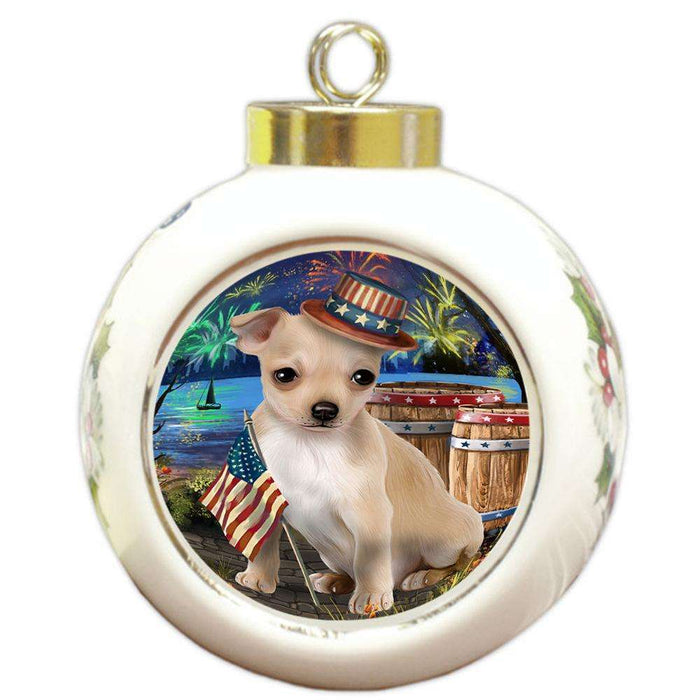 4th of July Independence Day Fireworks Chihuahua Dog at the Lake Round Ball Christmas Ornament RBPOR51122