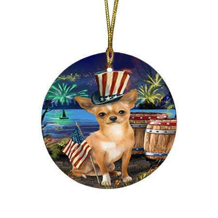 4th of July Independence Day Fireworks Chihuahua Dog at the Lake Round Flat Christmas Ornament RFPOR51109