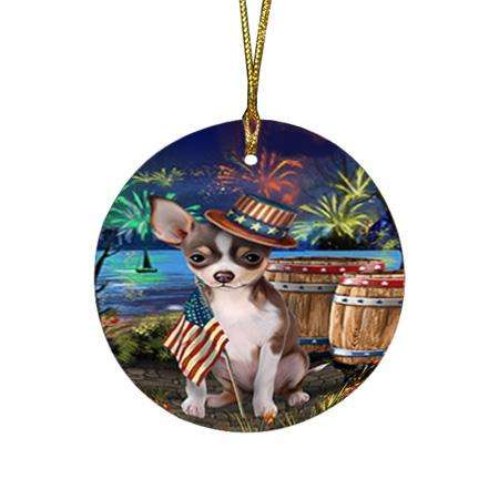 4th of July Independence Day Fireworks Chihuahua Dog at the Lake Round Flat Christmas Ornament RFPOR51110