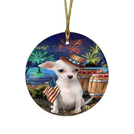 4th of July Independence Day Fireworks Chihuahua Dog at the Lake Round Flat Christmas Ornament RFPOR51111