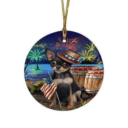 4th of July Independence Day Fireworks Chihuahua Dog at the Lake Round Flat Christmas Ornament RFPOR51112