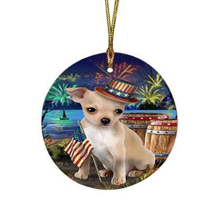 4th of July Independence Day Fireworks Chihuahua Dog at the Lake Round Flat Christmas Ornament RFPOR51113