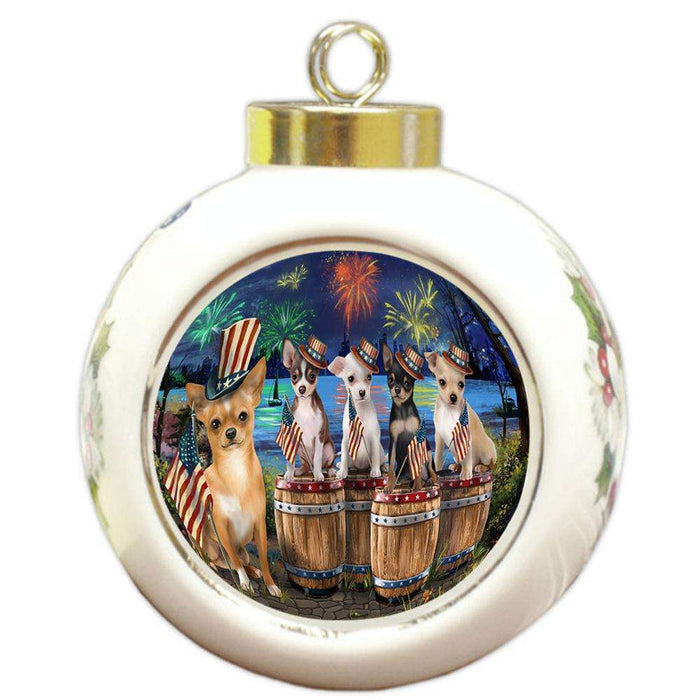4th of July Independence Day Fireworks Chihuahuas at the Lake Round Ball Christmas Ornament RBPOR51026