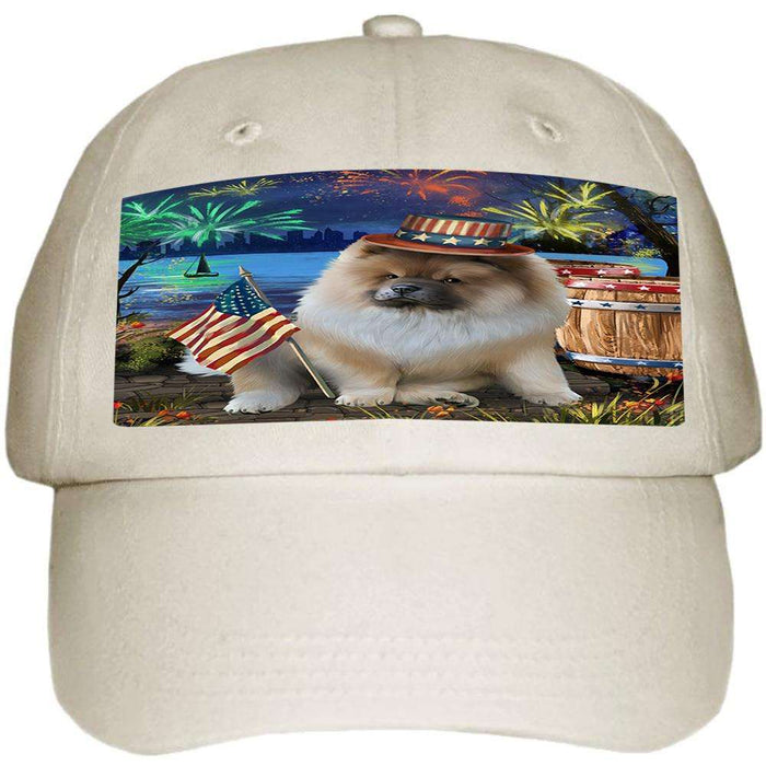 4th of July Independence Day Fireworks Chow Chow Dog at the Lake Ball Hat Cap HAT57105