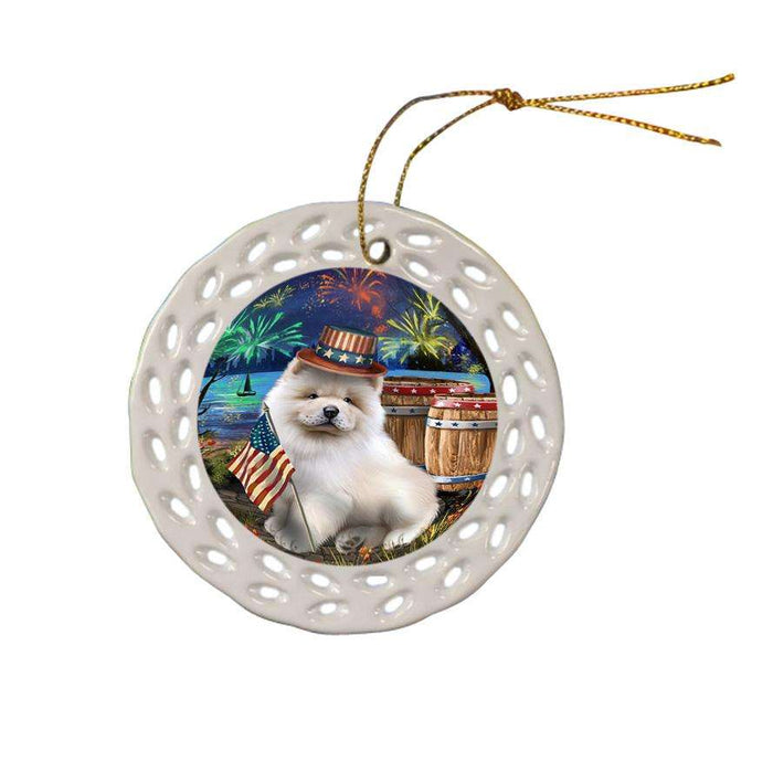 4th of July Independence Day Fireworks Chow Chow Dog at the Lake Ceramic Doily Ornament DPOR51127