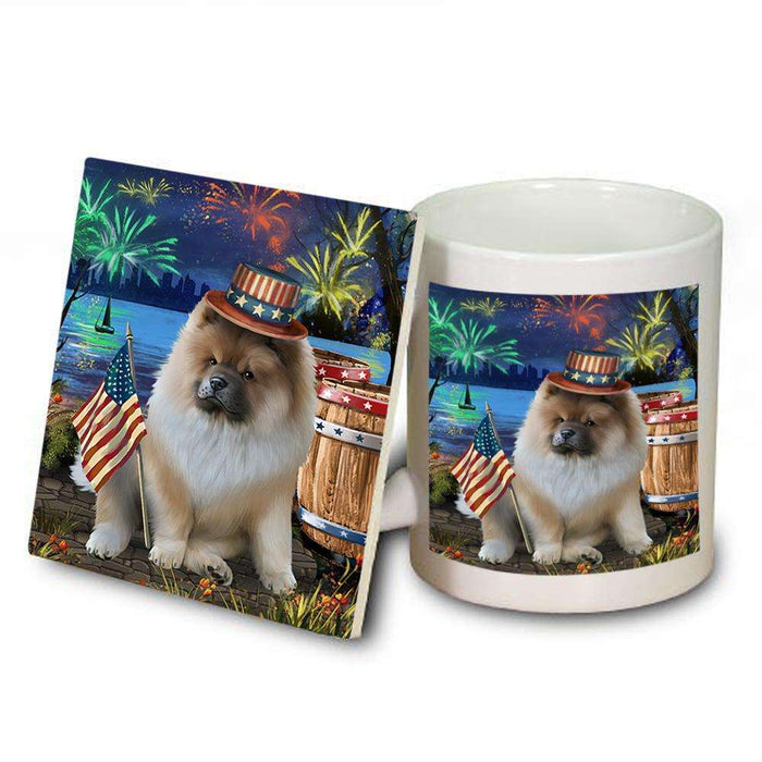 4th of July Independence Day Fireworks Chow Chow Dog at the Lake Mug and Coaster Set MUC51116