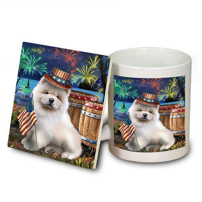 4th of July Independence Day Fireworks Chow Chow Dog at the Lake Mug and Coaster Set MUC51119