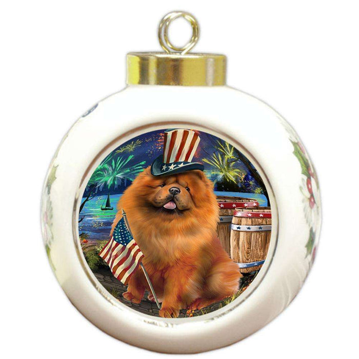 4th of July Independence Day Fireworks Chow Chow Dog at the Lake Round Ball Christmas Ornament RBPOR51123