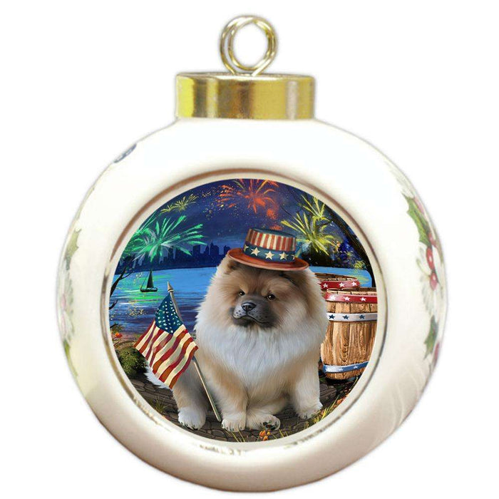 4th of July Independence Day Fireworks Chow Chow Dog at the Lake Round Ball Christmas Ornament RBPOR51124