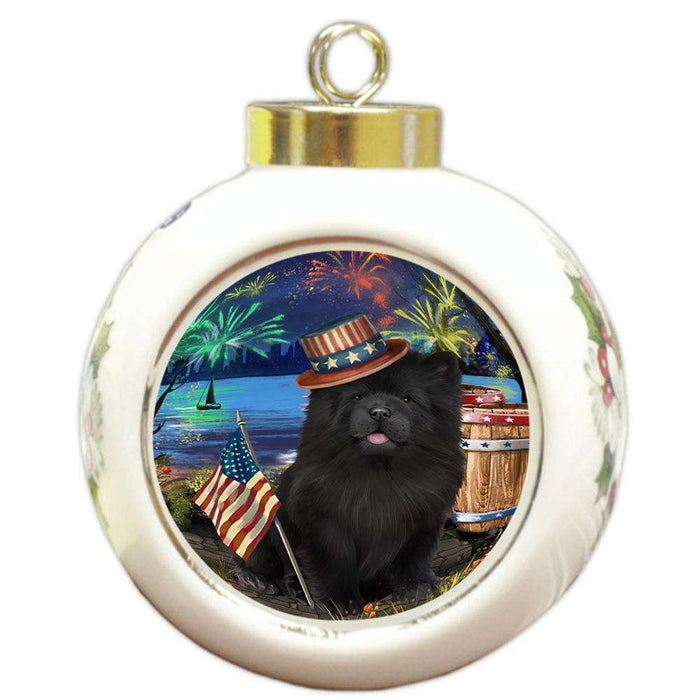 4th of July Independence Day Fireworks Chow Chow Dog at the Lake Round Ball Christmas Ornament RBPOR51125