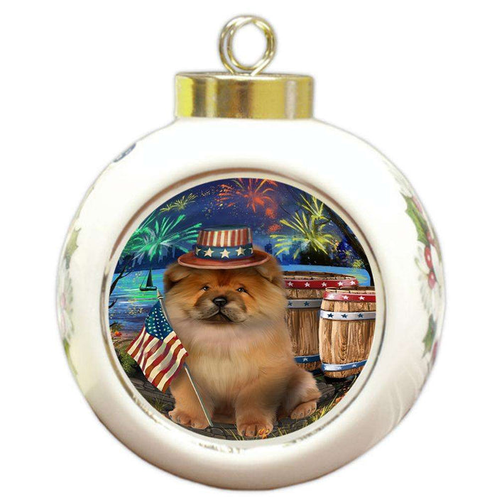4th of July Independence Day Fireworks Chow Chow Dog at the Lake Round Ball Christmas Ornament RBPOR51126