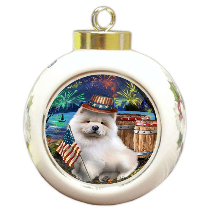 4th of July Independence Day Fireworks Chow Chow Dog at the Lake Round Ball Christmas Ornament RBPOR51127