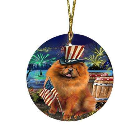 4th of July Independence Day Fireworks Chow Chow Dog at the Lake Round Flat Christmas Ornament RFPOR51114