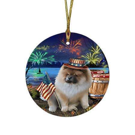 4th of July Independence Day Fireworks Chow Chow Dog at the Lake Round Flat Christmas Ornament RFPOR51115