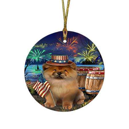 4th of July Independence Day Fireworks Chow Chow Dog at the Lake Round Flat Christmas Ornament RFPOR51117