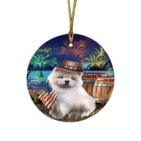 4th of July Independence Day Fireworks Chow Chow Dog at the Lake Round Flat Christmas Ornament RFPOR51118