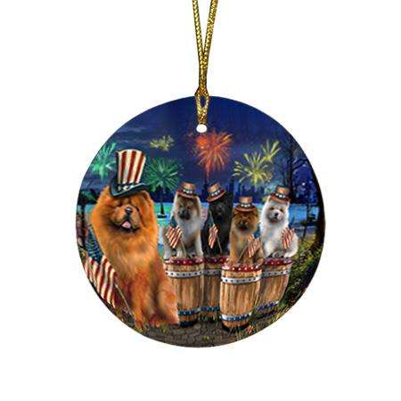 4th of July Independence Day Fireworks Chow Chows at the Lake Round Flat Christmas Ornament RFPOR51018