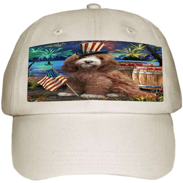 4th of July Independence Day Fireworks Cockapoo Dog at the Lake Ball Hat Cap HAT57117