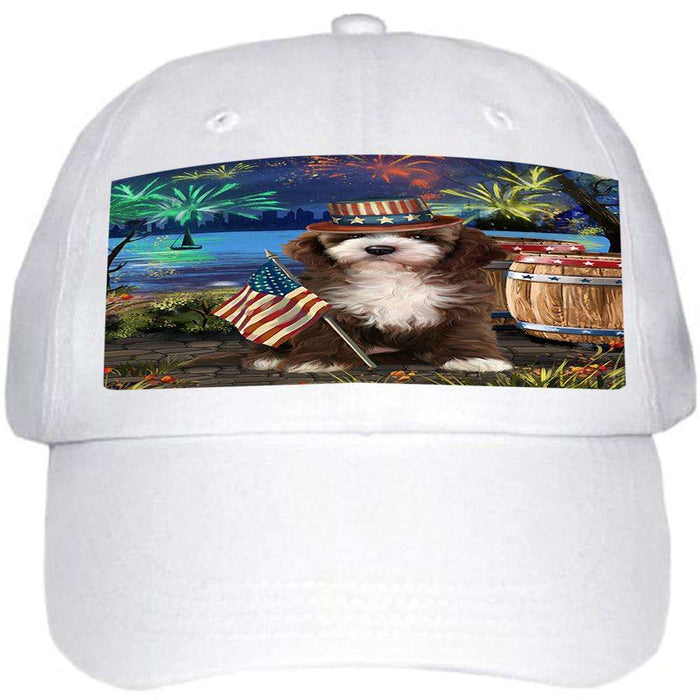 4th of July Independence Day Fireworks Cockapoo Dog at the Lake Ball Hat Cap HAT57123