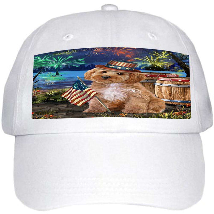 4th of July Independence Day Fireworks Cockapoo Dog at the Lake Ball Hat Cap HAT57126