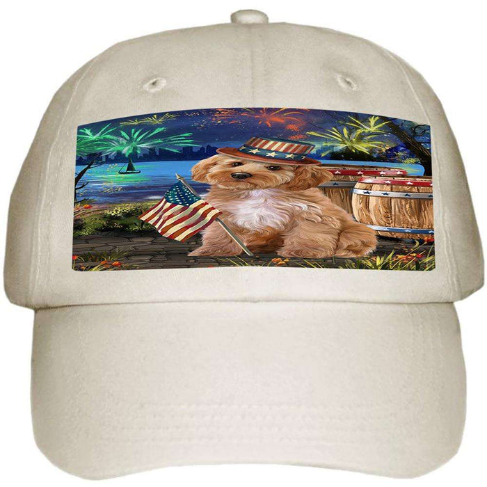 4th of July Independence Day Fireworks Cockapoo Dog at the Lake Ball Hat Cap HAT57126