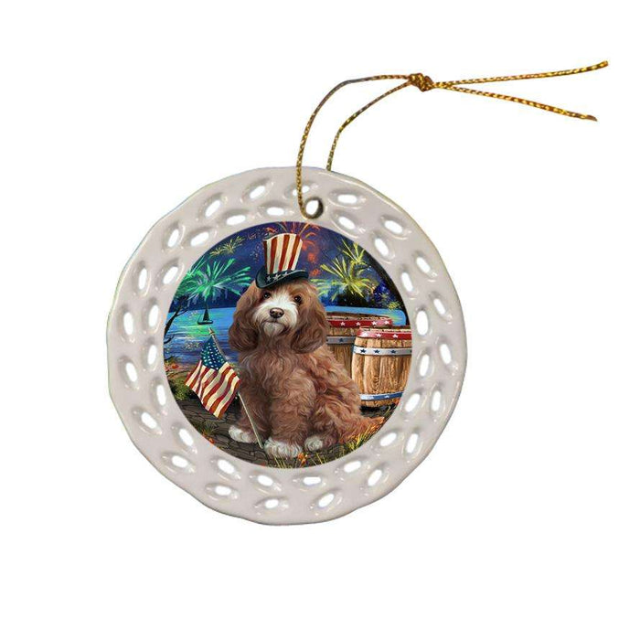 4th of July Independence Day Fireworks Cockapoo Dog at the Lake Ceramic Doily Ornament DPOR51128