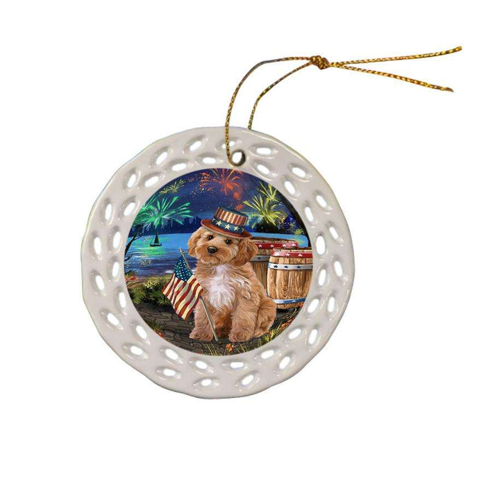 4th of July Independence Day Fireworks Cockapoo Dog at the Lake Ceramic Doily Ornament DPOR51131