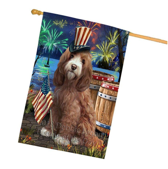 4th of July Independence Day Fireworks Cockapoo Dog at the Lake House Flag FLG51186