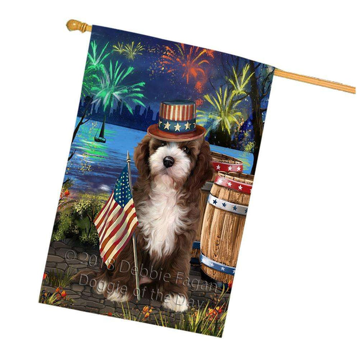 4th of July Independence Day Fireworks Cockapoo Dog at the Lake House Flag FLG51188