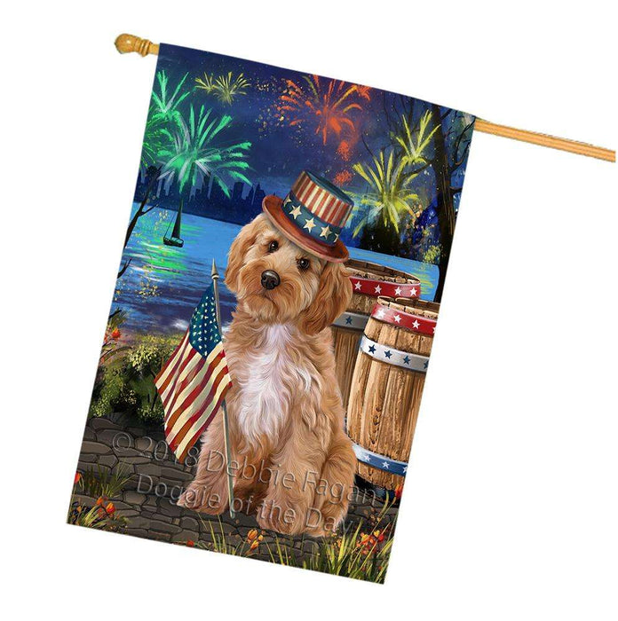 4th of July Independence Day Fireworks Cockapoo Dog at the Lake House Flag FLG51189