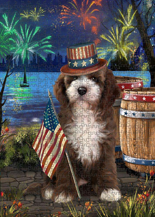 4th of July Independence Day Fireworks Cockapoo Dog at the Lake Puzzle with Photo Tin PUZL57300