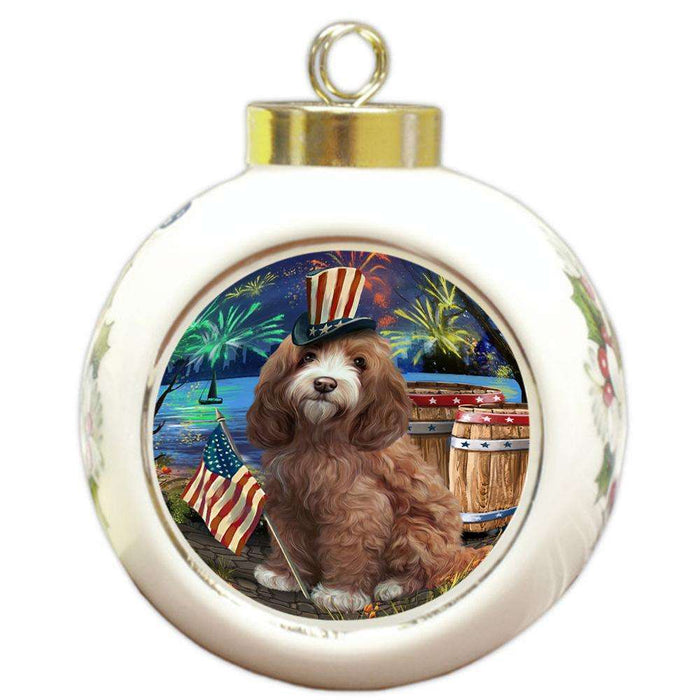 4th of July Independence Day Fireworks Cockapoo Dog at the Lake Round Ball Christmas Ornament RBPOR51128