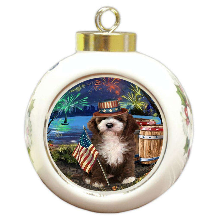 4th of July Independence Day Fireworks Cockapoo Dog at the Lake Round Ball Christmas Ornament RBPOR51130