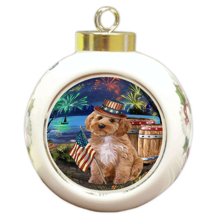 4th of July Independence Day Fireworks Cockapoo Dog at the Lake Round Ball Christmas Ornament RBPOR51131