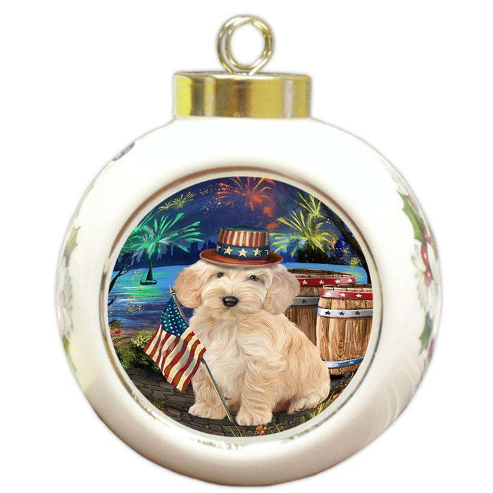 4th of July Independence Day Fireworks Cockapoo Dog at the Lake Round Ball Christmas Ornament RBPOR51132