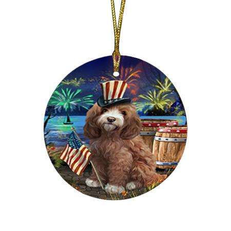 4th of July Independence Day Fireworks Cockapoo Dog at the Lake Round Flat Christmas Ornament RFPOR51119