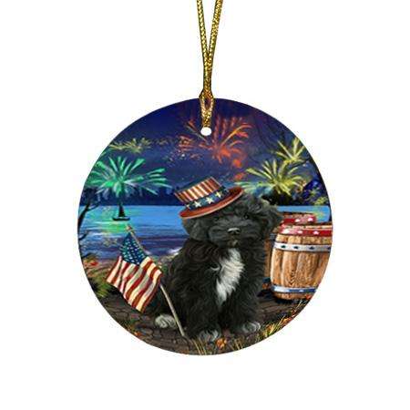 4th of July Independence Day Fireworks Cockapoo Dog at the Lake Round Flat Christmas Ornament RFPOR51120