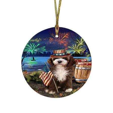 4th of July Independence Day Fireworks Cockapoo Dog at the Lake Round Flat Christmas Ornament RFPOR51121