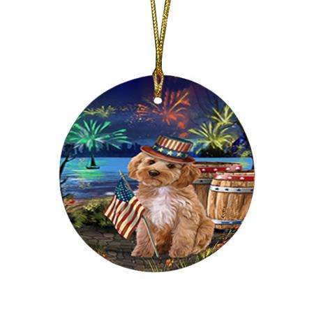 4th of July Independence Day Fireworks Cockapoo Dog at the Lake Round Flat Christmas Ornament RFPOR51122