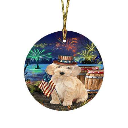4th of July Independence Day Fireworks Cockapoo Dog at the Lake Round Flat Christmas Ornament RFPOR51123