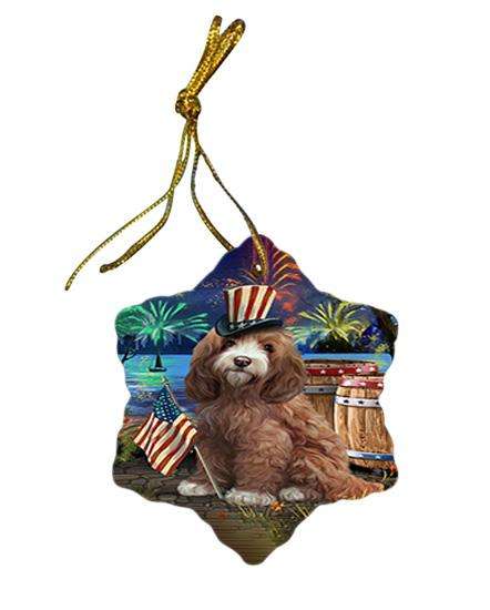 4th of July Independence Day Fireworks Cockapoo Dog at the Lake Star Porcelain Ornament SPOR51120