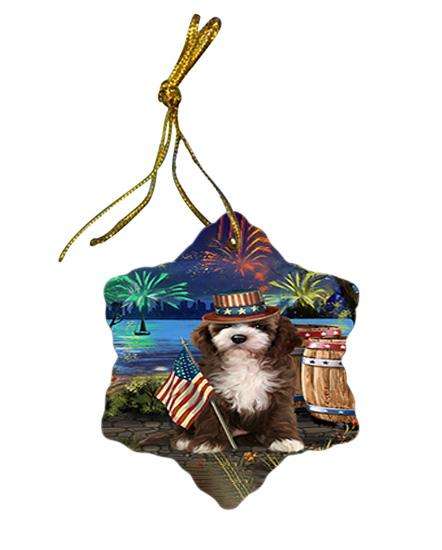 4th of July Independence Day Fireworks Cockapoo Dog at the Lake Star Porcelain Ornament SPOR51122