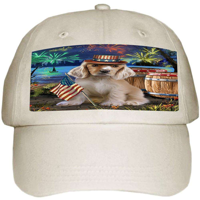 4th of July Independence Day Fireworks Cocker Spaniel Dog at the Lake Ball Hat Cap HAT57141