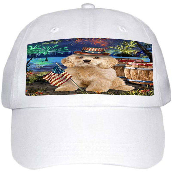 4th of July Independence Day Fireworks Cocker Spaniel Dog at the Lake Ball Hat Cap HAT57144