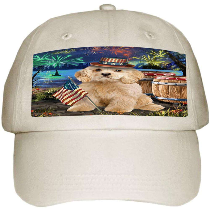 4th of July Independence Day Fireworks Cocker Spaniel Dog at the Lake Ball Hat Cap HAT57144